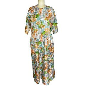 Vintage 70s Floral Zip Housecoat Full Length Robe Lounge Dress Large